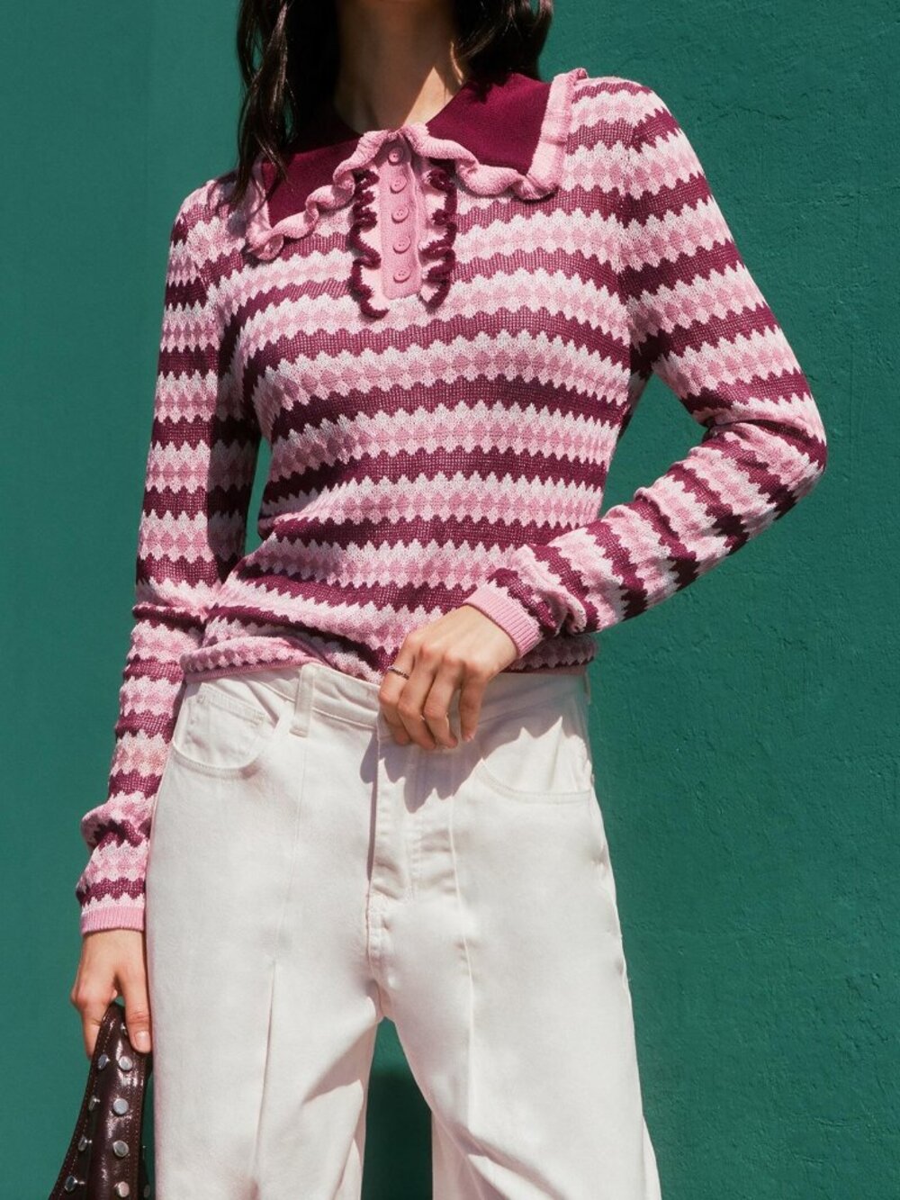 Burgundy & Pink Casual Women's Pattern Knit Polo Sweater